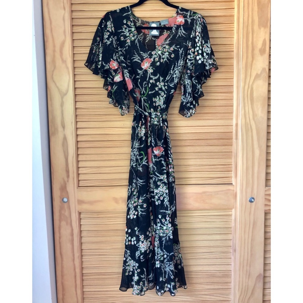 Anthro Girls from Savoy Black Floral Silk Dress